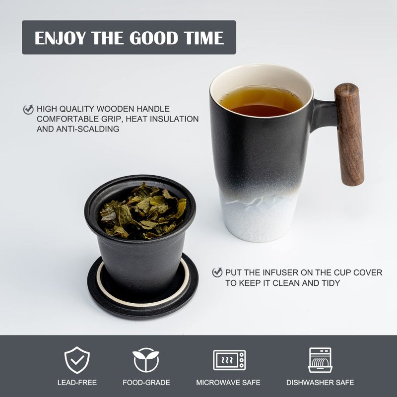 suyika Tomotime Ceramic Tea Cup with Infuser and Lid Tea Mugs Wooden Handle 400ml/13.5oz Black - Image 3